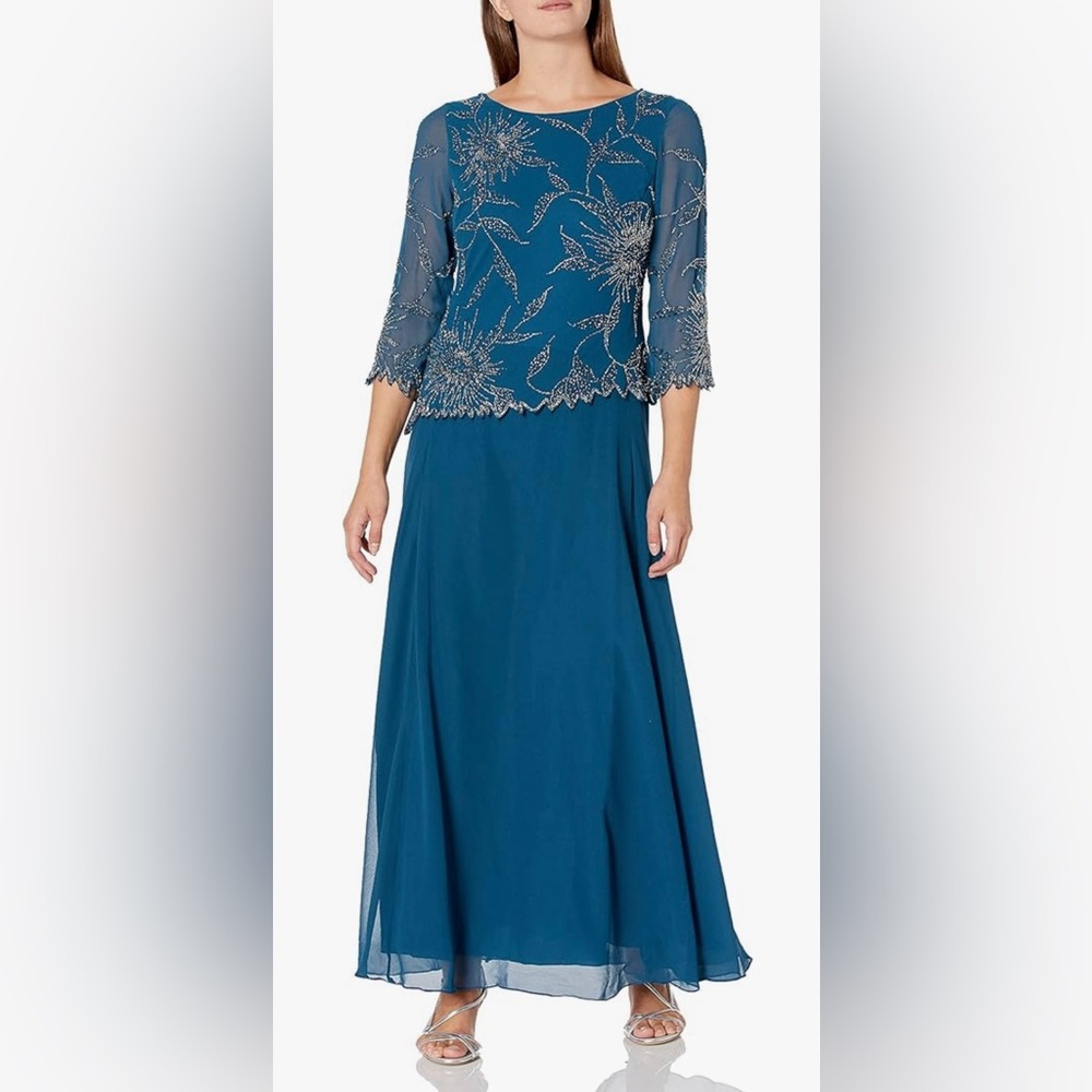 JKara Teal Beaded Chiffon Gown